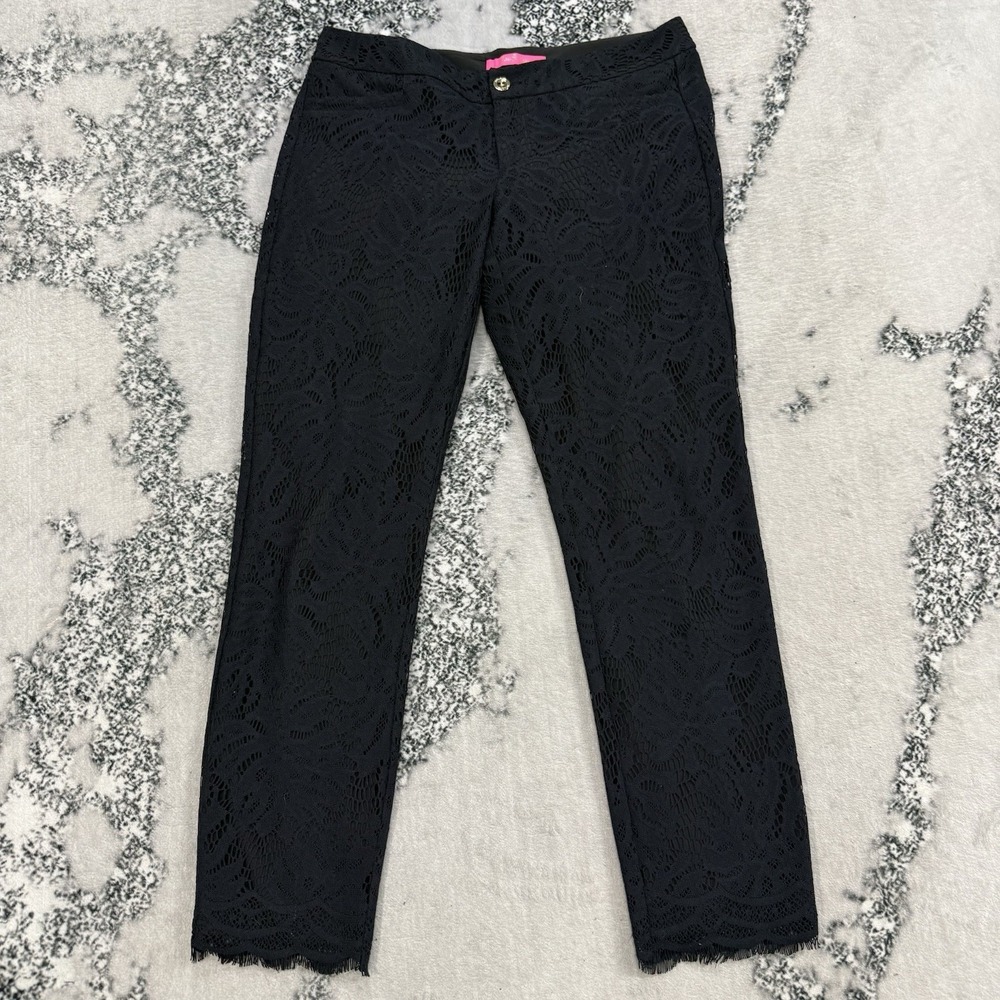 Lilly Pulitzer Womens Size 6 Black Lace Ankle Pants Scallop Hem Cropped Career